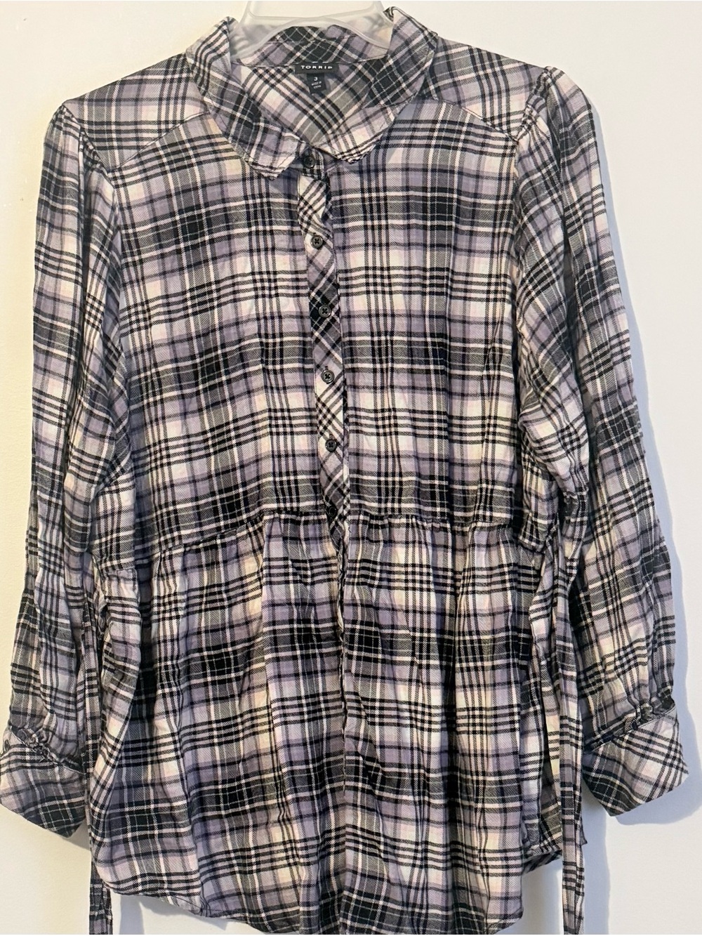 Torrid Size 3 (3X) Purple Plaid Tie Waist Button Front Tunic Top